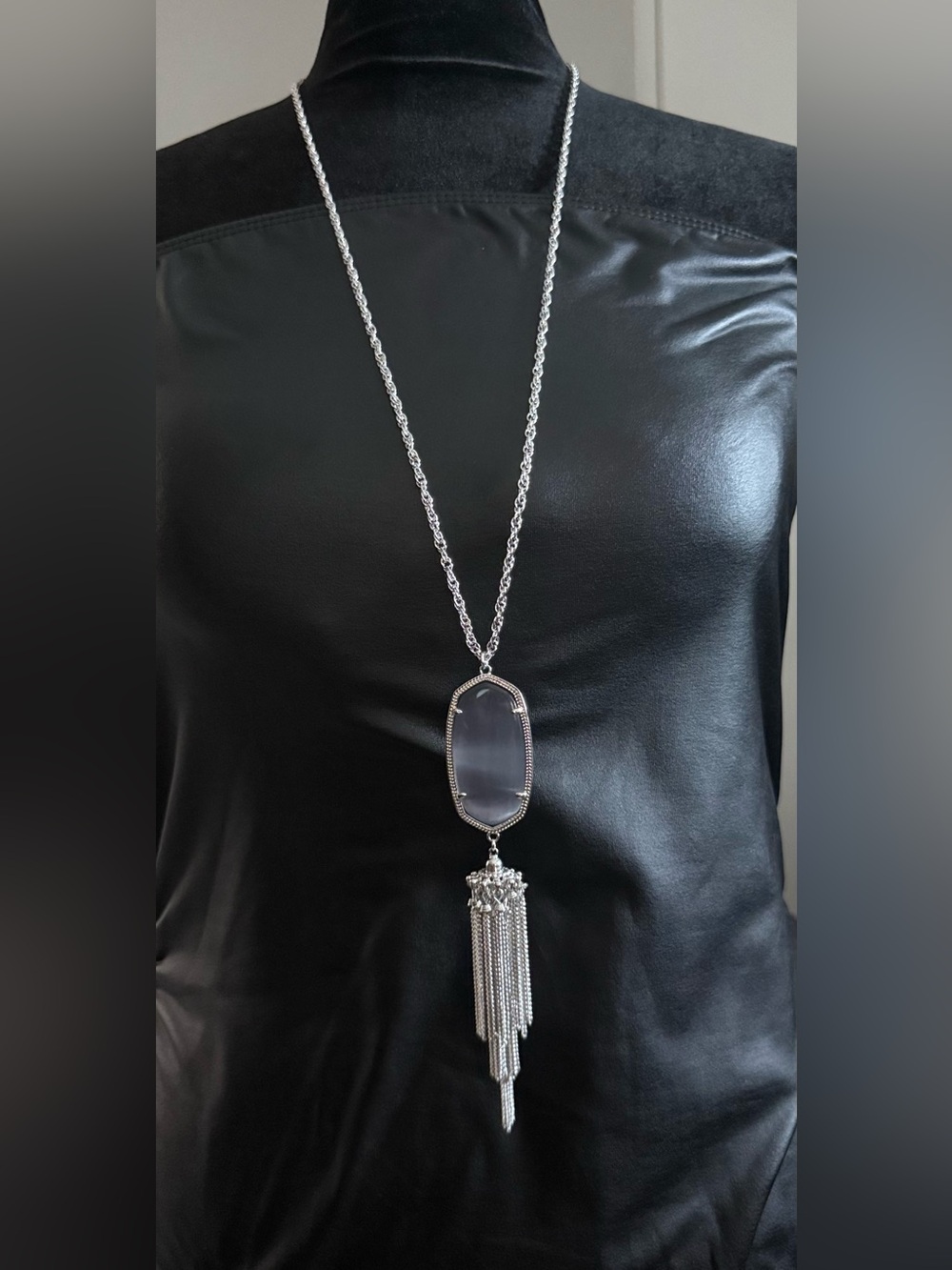 Kendra Scott Silver Slate Gray Tiger Eye Tassel Necklace 36”